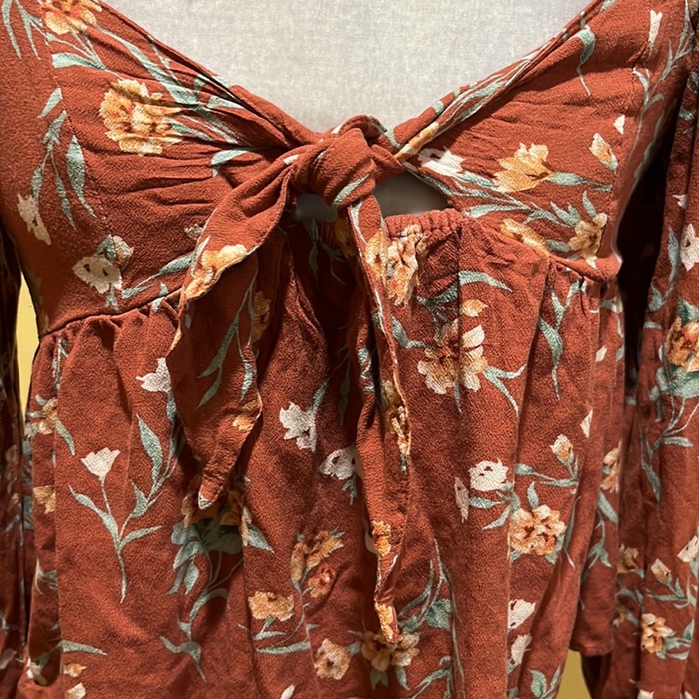 AMERICAN EAGLE Rust Colored Floral Tie Front Crop Top - Picture 6 of 10